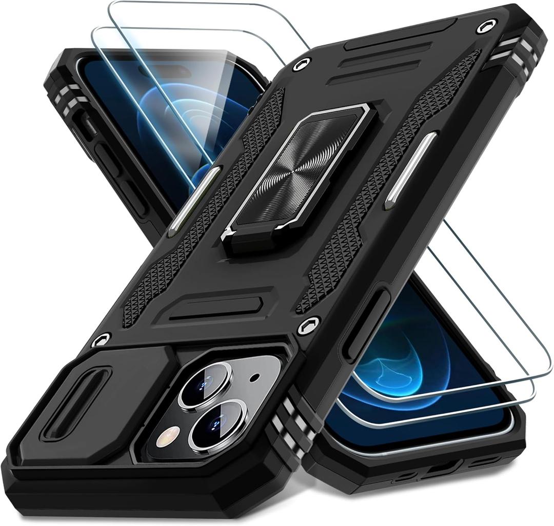 DEERLAMN Case for iPhone 15 with Slide Camera Cover + Screen Protector (2 Packs), Rotated Ring Kickstand Military Grade Shockproof Protective Cover, Black