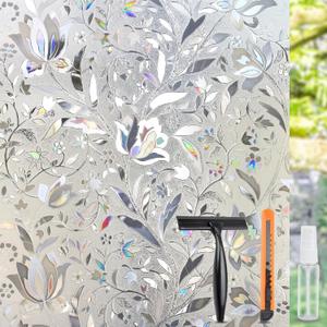 HIDBEA Window Privacy Film, 3D Stained Glass Static Cling - Sun Blocking Anti-UV Heat Control, Reusable Decorative Film for Home/Office Doors, Rainbow Tulip Design (35.4 in x 78.7 in) (Foliage)