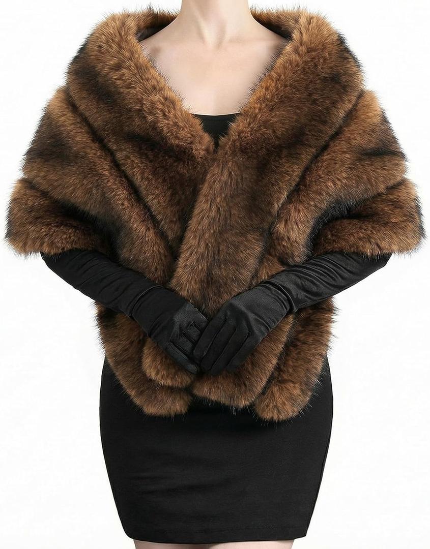 Zhanmai 2 Pcs Winter Long Shawl Cloak Stretchy Glove Opera Bridal Dance Gloves for Women Dress Party Coat (Standard, Dark Brown)