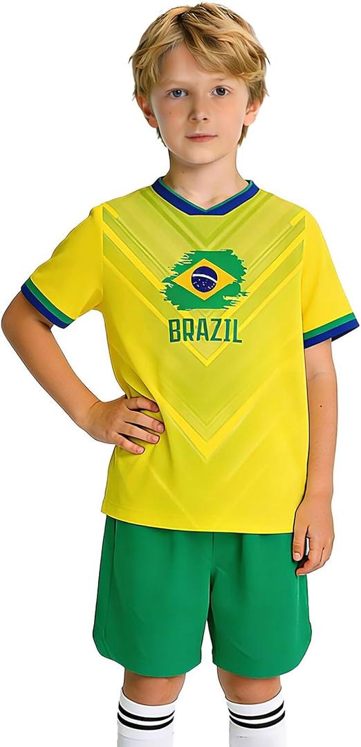 24/25/26 National Flag Soccer Jersey Kit for Kids Youth Boys Girls Sports Uniforms Outfits Fans Gift Shirt Shorts Sets Brazil, 11-12 Years