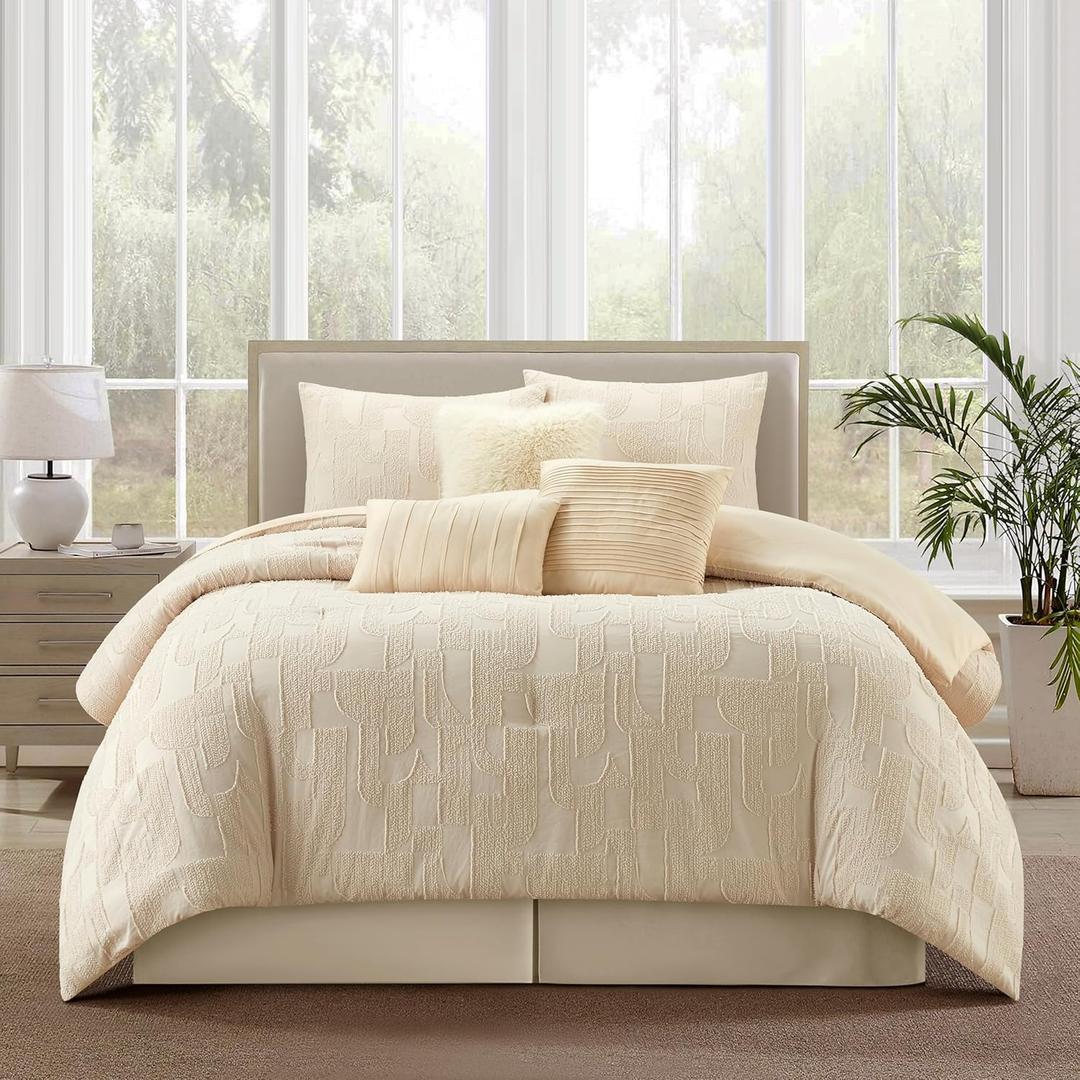 Beige Comforter Set King Size, 7 Piece, Clip Geometric Home Decor, Matcking Bed Skirt, Pillows & Shams, All Season Bedding Set