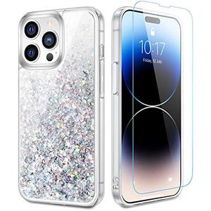 Caka Glitter Case for iPhone 14 Pro Max for Women Girls, Bling Sparkle Liquid Phone Cover with Screen Protector, Sparkly Girly Flowing Floating Moving Quicksand Accessories - Silver