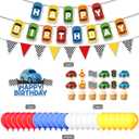 Race Car Birthday Party Decorations, Car Birthday Decorations with Happy Birthday Car Banner & Flag Banner, 24 Balloons, Race Car Cake Topper and 24 Cupcake Toppers
