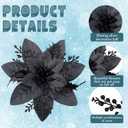 65pcs Black Christmas Poinsettia Artificial 5.9", Glitter Berries with Stems, Clips for Christmas Tree Decoration, Wreath Ornaments for Xmas Wedding Party Decoration