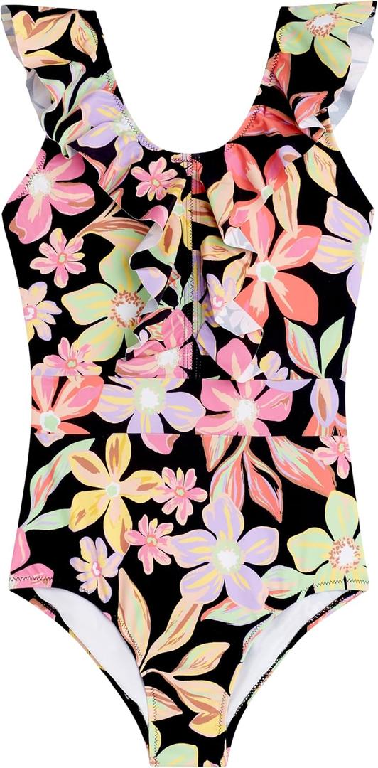 Kanu Surf Girls Gianna Beach Sport Ruffle One Piece Swimsuit (12, Daria Black)