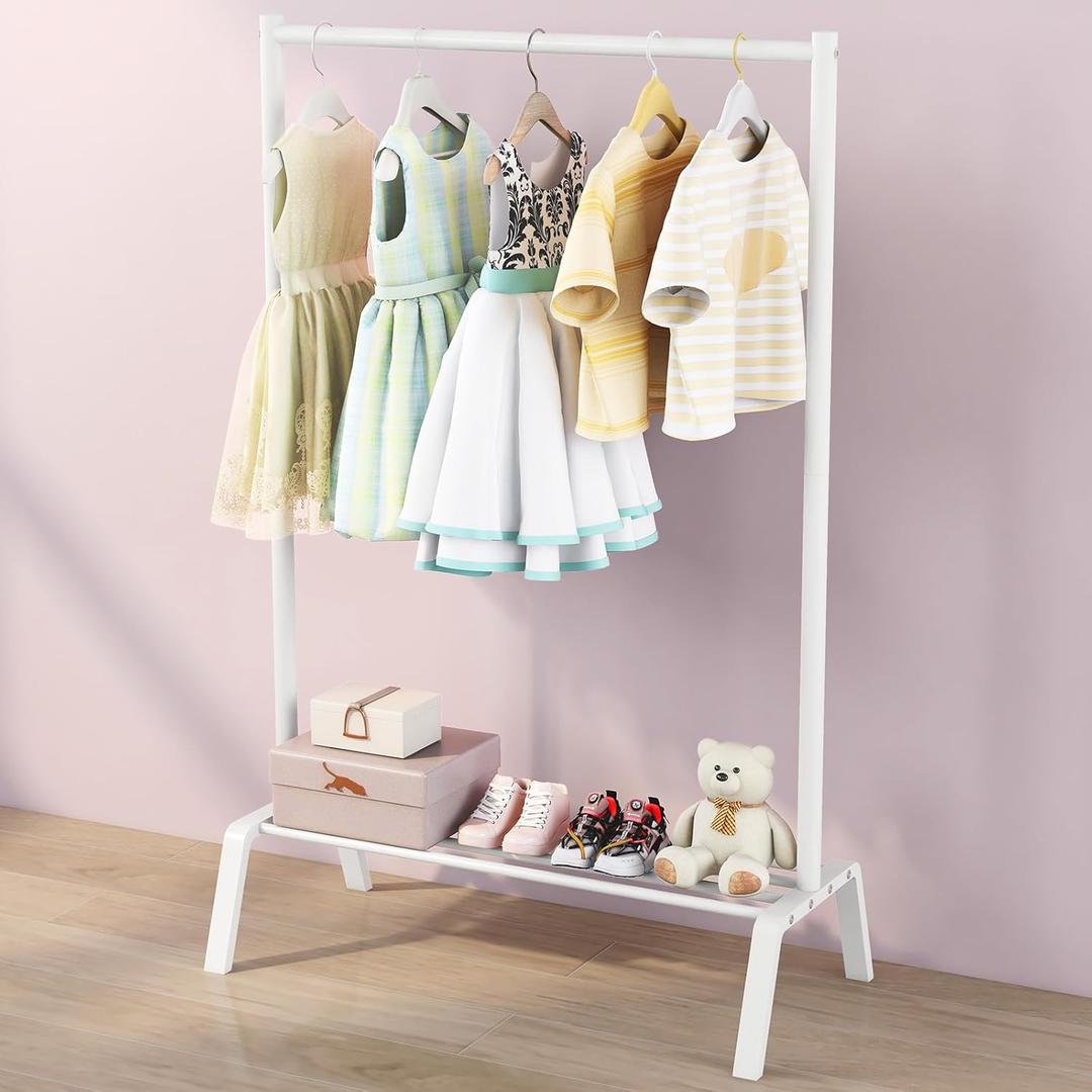 Kids Clothing Rack, Metal Dress Up Storage, Kids Costume Rack with Storage Shelf, Toddler Clothing Rack Organizer, White