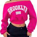 SOLY HUX Women's Letter Graphic Sweatshirt Off Shoulder Long Sleeve Cropped Pullover Top HotPink Letter Small (Pink, S)