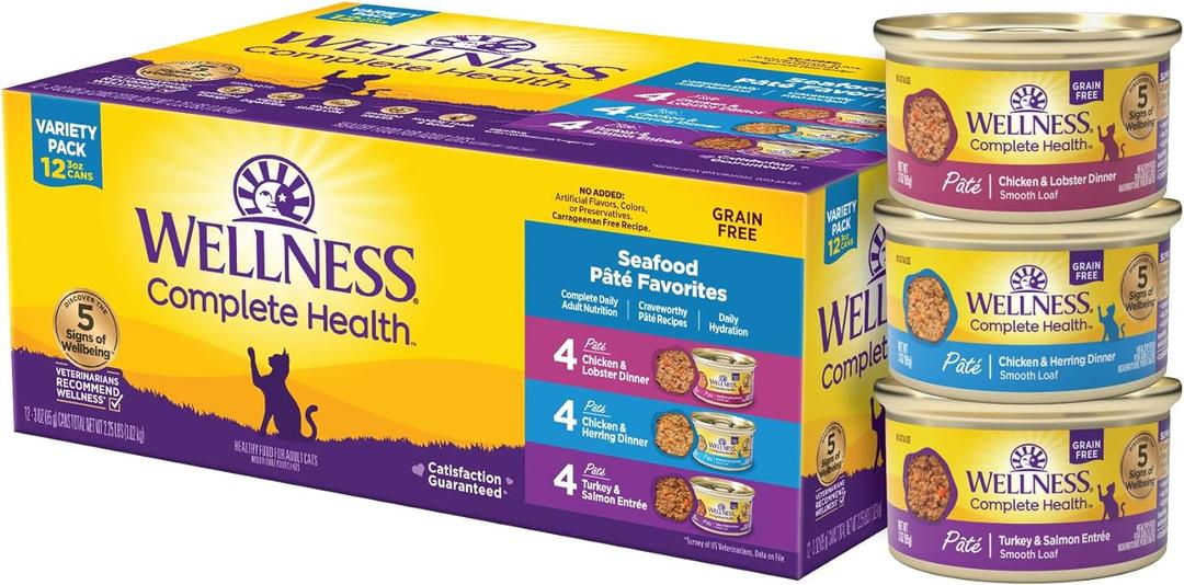 Wellness Complete Health Pate Variety Pack Adult Canned Wet Cat Food, Natural, Protein Rich, Grain Free, Seafood Favorites, 3 oz, Pack of 12 Cans