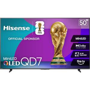 Hisense 50" Class QD7 Series Mini-LED 4K UHD Smart Fire TV (50QD7QF, 2025 Model) - QLED, HDR10+, Dolby Vision, Dolby Atmos, Game Mode Plus, ALLM, Alexa Built in with Voice Remote, Streaming TV, Black