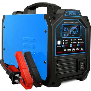 PCHH 12V 24V Car Battery Charger Heavy Duty, 0-15A Automatic Battery Maintainer, Smart Trickle Charger with Auto Shutoffs, Repair, Winter Mode, for Automotive Car Truck Motorcycle Lawn Mower Boat AGM (Blue)