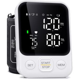 Blood Pressure Monitor Upper Arm Monitors for Home Use BP Machine with 2x120 Reading Memory Adjustable Arm Cuff 8.7"-15.7" Large Display with LED Background Light Storage Bag White