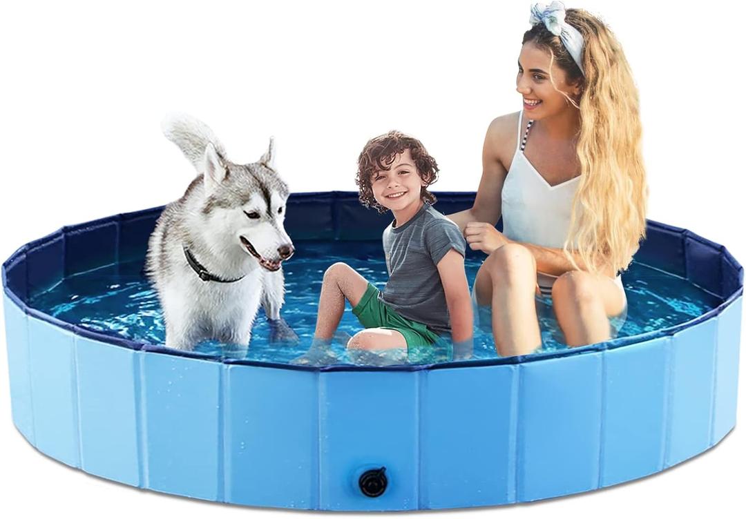 Jasonwell Foldable Dog Pool Collapsible Hard Plastic Swimming Pool Portable Kiddie/Pet Pool Doggie Wading Pool Bath Tub for Puppy Small Medium Large Dogs Cats and Kids 71" (Plastic Board Blue)