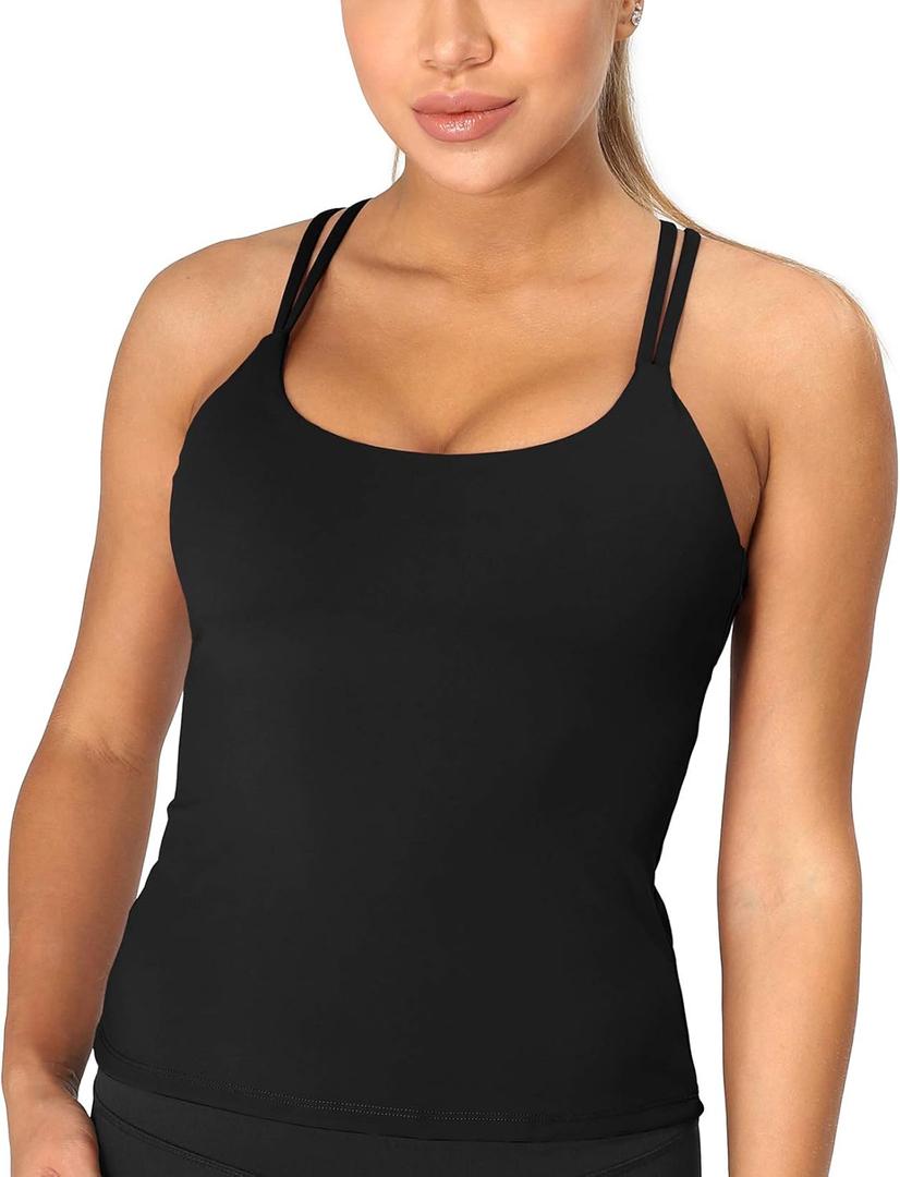 Blooming Jelly Padded Workout Tank Tops for Women - Strappy Yoga Crop Tops with Built in Bra 2 in 1 (Black, Large)
