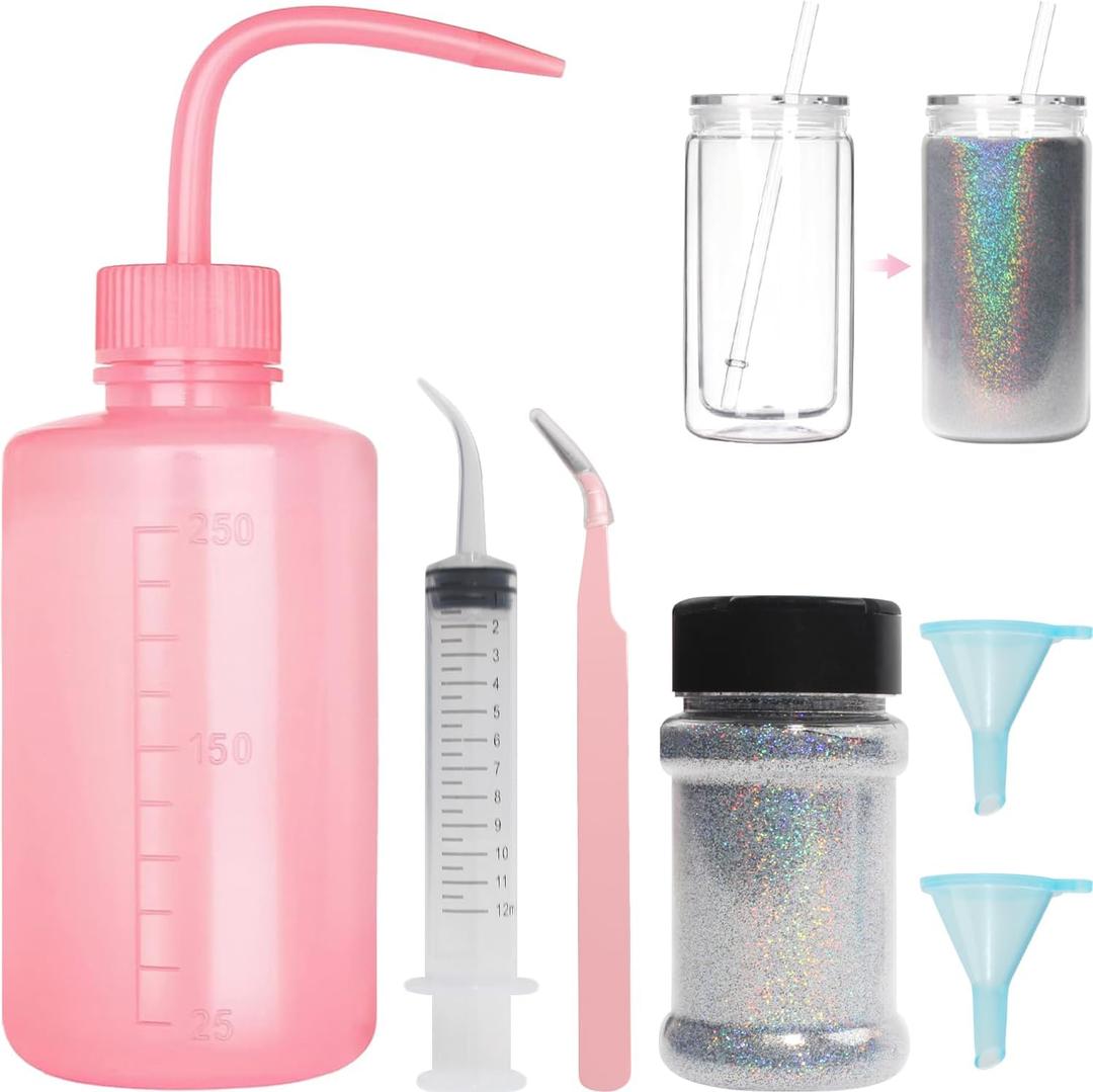 6-Pack Snow Globe Tumbler Supplies with 80g/2.8oz Fine Glitter, Snowglobe Tumbler Supplies Kit for DIY Snow Globe Tumbler Craft Set (Silver)