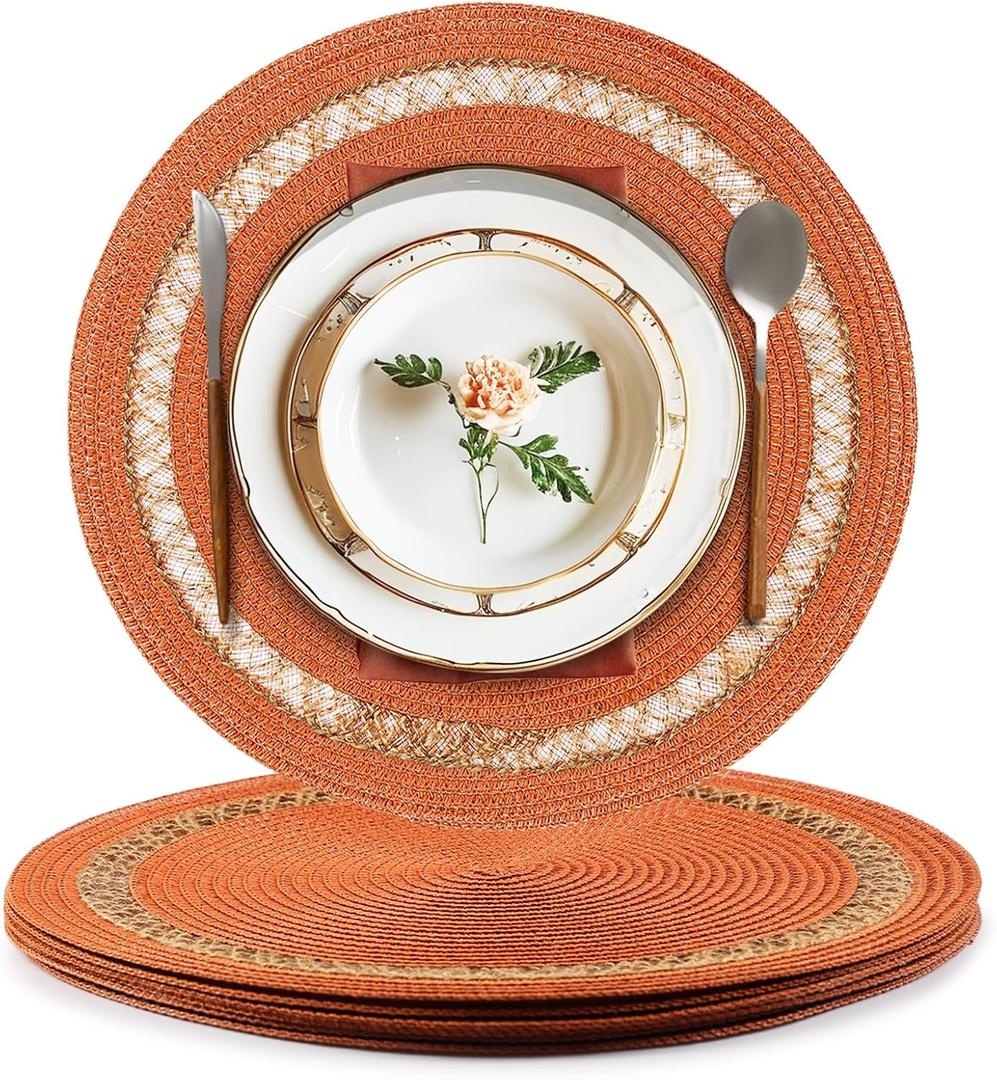 AHHFSMEI Round Paper and Jute Braided Placemats Set of 6 Non-Slip Heat Resistant Table Mats for Dining Tables Indoor & Outdoor Place mats for Daily Use (Orange, 6)