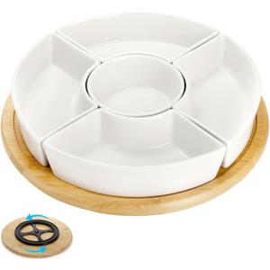 Lyellfe Divided Serving Dish Lazy Susan, 360° Rotatable Porcelain Appetizer Snack Tray Platter for Fruit, Veggies, Candy, Relish Tray for Christmas Thanksgiving Party, 5 Removable Compartment, White