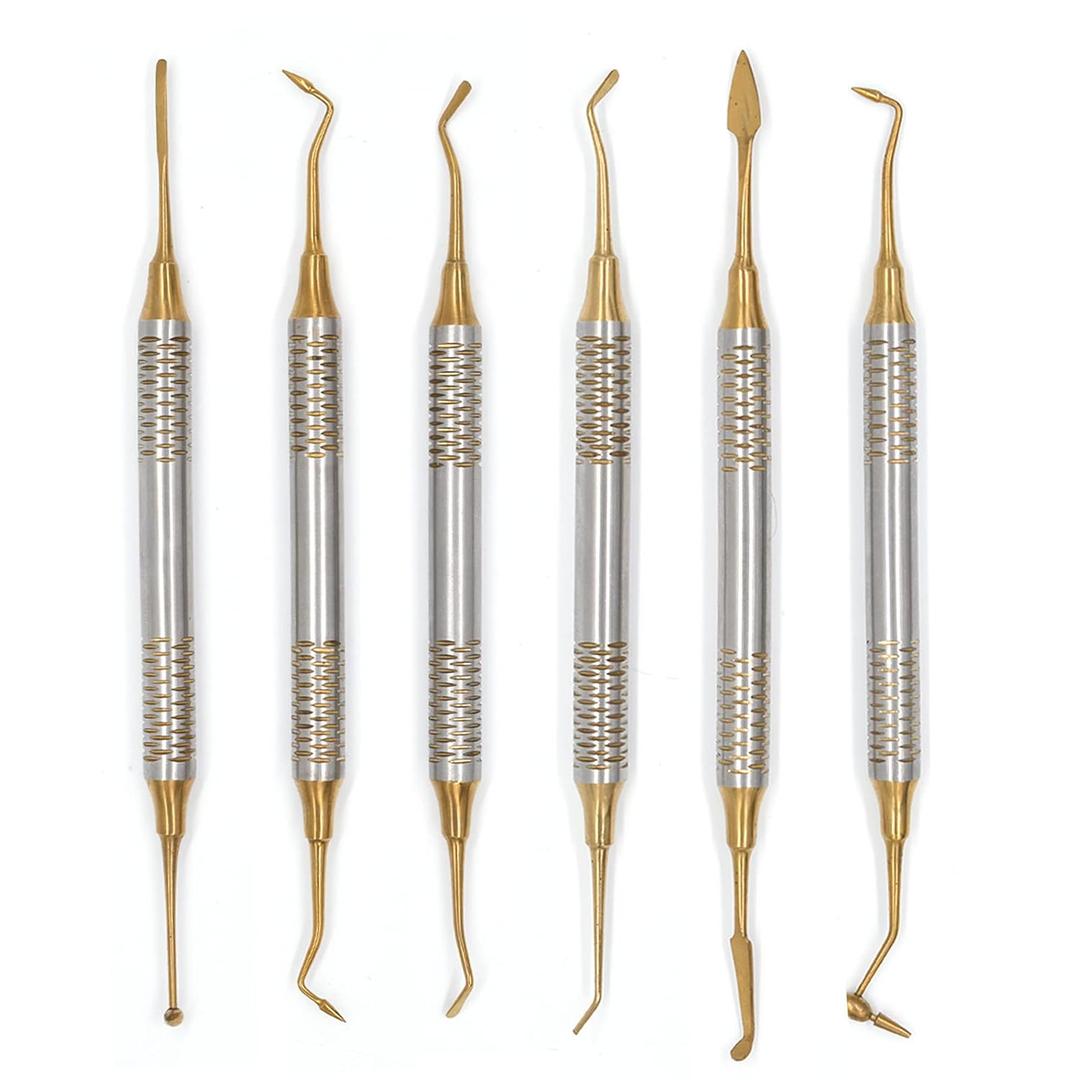 Angzhili 6 Pcs/Kit Dental Composite Resin Filled Scraper,Non Stick Dental Filling Spatula, Double-headed Dental Restoration Tool (Gold)