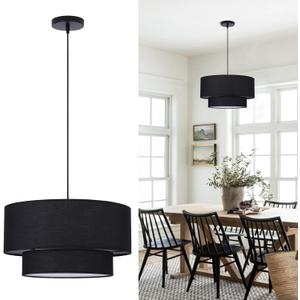 18 Modern Double Drum Fabric Pendant Light, Drum Chandelier with Black Lampshade E26 Base, 3 Light Dining Room Light Fixture Farmhouse 2-Tier Chandelier for Bedroom and Living Room(Bulb not included)