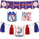Baseball 1/2 Birthday Decorations Kit - Includes 1/2 Way to First Banner, High Chair Garland, Cake Topper, Soft Crown & Photo Backdrop for 6-Month Rookie Party