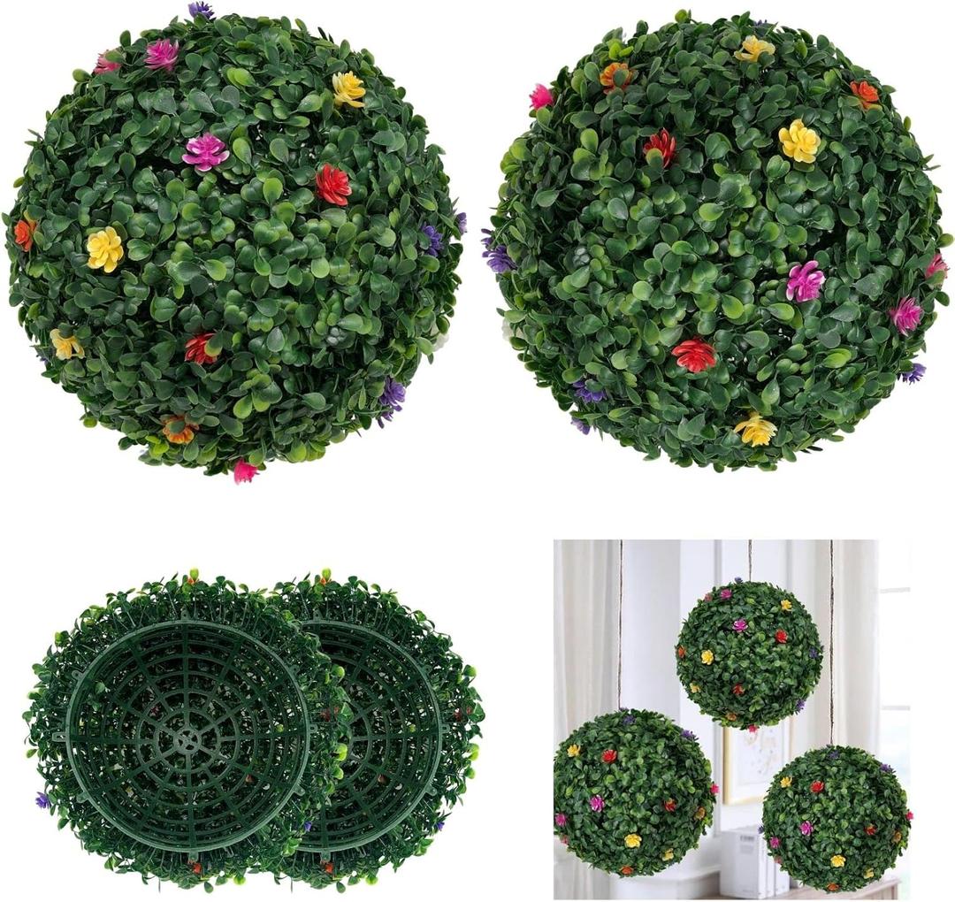 2PCS Artificial Boxwood Topiary Ball with Flowers 11 INCH 3 Layers Hanging Topiary Ball for Home Garden Wedding Party Decor Environmental UV Protected Faux Boxwood Decorative Ball