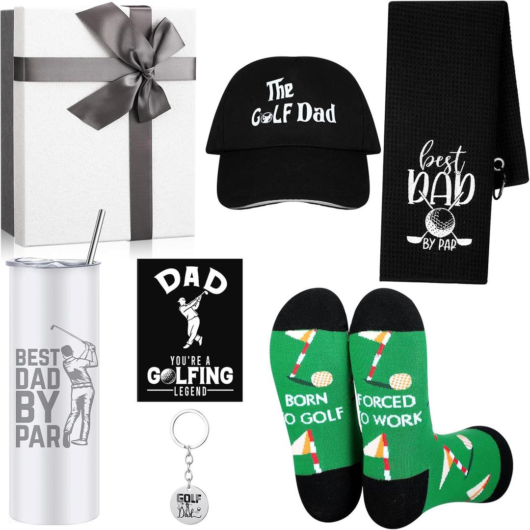 Geiserailie 7 Pcs Golf Gifts for Men Dad Golfing Accessories Gift for Golfer Lovers 16oz Golfing Tumbler Hat Sock Towel Keychain Card Box for Him Father Boyfriend Brother Birthday(Timeless)