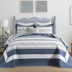 SahSahCasa 120"x120" 100% Cotton Oversized California King Bedspread Coverlet Quilt Set, Cal King Quilted Bedspread Extra Large Quilt, XL Bed Spread Lightweight Comforter, Blue/White/Cream