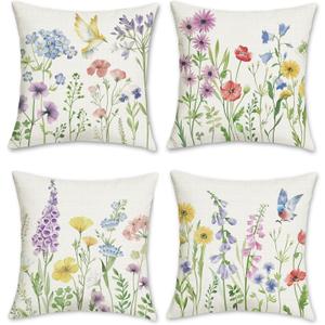 Bonhause Spring Floral Throw Pillow Covers 18 x 18 Inch Garden Flowers Birds Decorative Pillows Polyester Linen Outdoor Cushion Cases for Couch Sofa Bed Home Decor Set of 4