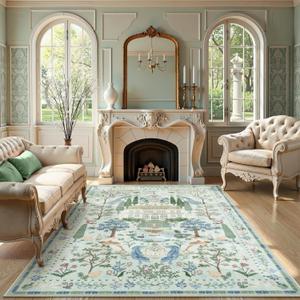 LIVEBOX Area Rug 6x9 Rug for Living Room, Machine Washable Rug for Bedroom, Large Floral Dining Room Rugs Non-Slip Low Pile Farmhouse Carpet for Living Room, Nursery Room, Playroom, Green