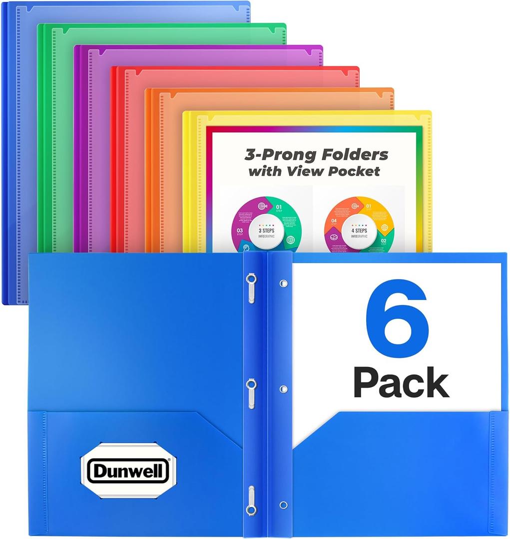 Dunwell 2-Pocket 3-Prong Folders with Clear Front View Pocket, 6 Vibrant Colors, Durable Acid-Free Poly Plastic, 3-Hole Binders with Brads and Pockets, Include Labels (8.5x11")