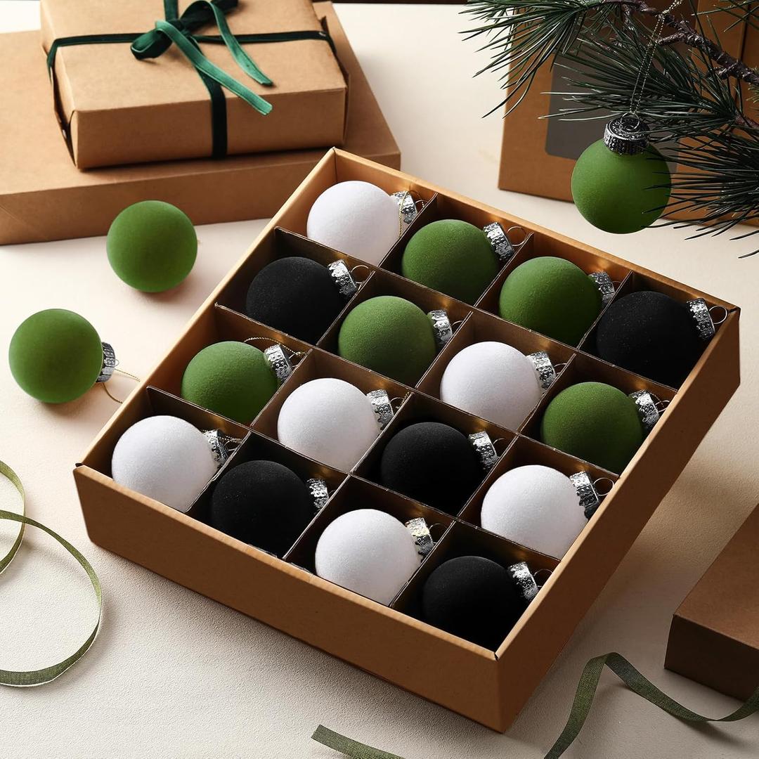 PullCrease 15 Pcs Velvet Christmas Ornaments 2.36 Inch Neutral Shatterproof Plastic Velvet Balls Flocked Ornaments for Christmas Tree Hanging Decorations (Black,White,Olive Green)
