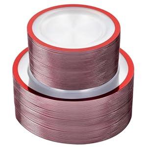 U-QE 120PCS Red Plastic Plates for Party - Red Plates Disposable Heavy Duty - Fancy Disposable Plates Include 60 10" Dinner and 60 7" Dessert Platos for Party, Mother's Day & Special Moments
