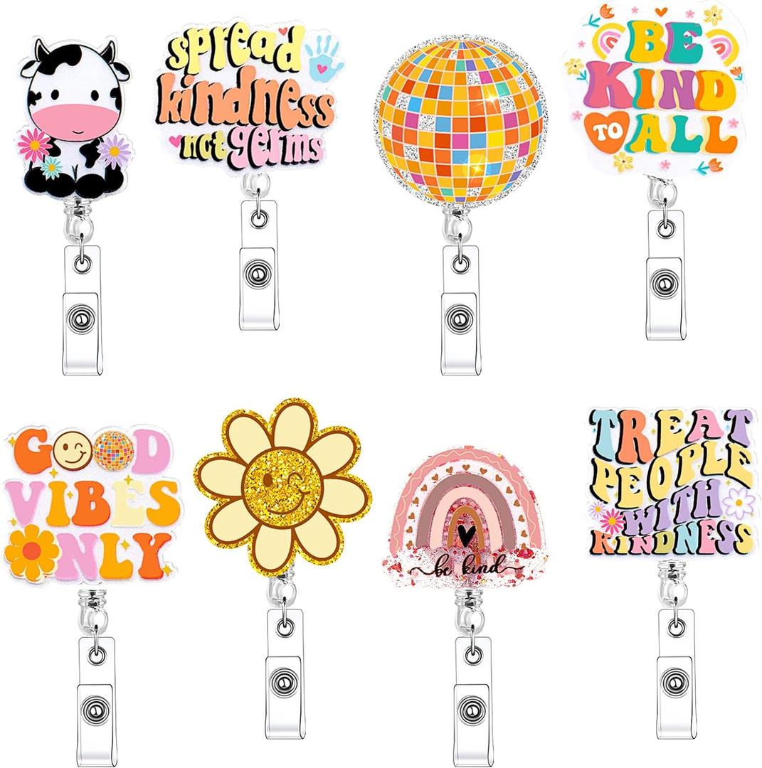 Remuuly 8 Pcs Cute Nurse Badge Reel Retractable Glitter Cow Daisy Smile Face Pink Bow Girly Funny Nurse Accessories Name Tag ID Clip Holder for Office School Hospital Teacher(Retro)