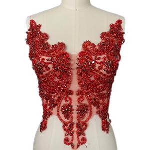 Handmade Rhinestones Lace Appliques Sew on Glass Beads Bodice Trim Patches Accessory for Dress Clothes (Red)