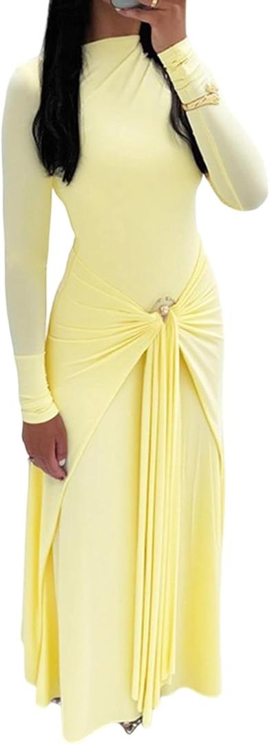 Geulis Long Sleeve Spring Fall Maxi Dress 2026 Elegant Bodycon Wrap Long Dress Cocktail Party Wedding Guest Dresses (Yellow, S)