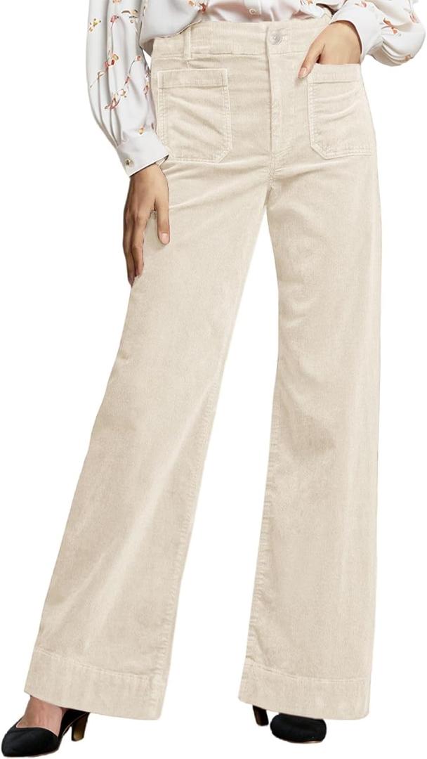 Corduroy Pants Women Elastic Waist Flare Pants Bell Bottom Business Casual Trousers Pants for Women (XX-Large, Apricot)