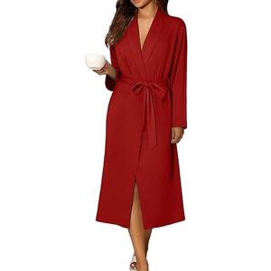 Ekouaer Robes for Women Long Sleeve Knit Kimono Bathrobe Soft Lightweight Loungewear Ladies Cotton Sleepwear (Red, XL)