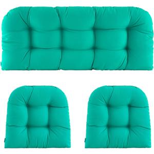 Wicker Chair Cushions of 3 Pieces Waterproof Tufted Outdoor Seat Cushions for Patio Furniture Sofa Settee Couch,1 Loveseat and 2 U-Shaped Cushions,Teal