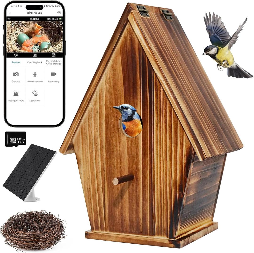 Smart Bird House with Camera, 1080P HD Birdhouse with Camera Inside Solar Powered 2.4G WiFi & App Notify, Bird Houses for Outside with Nest Auto Capture Photo & Video