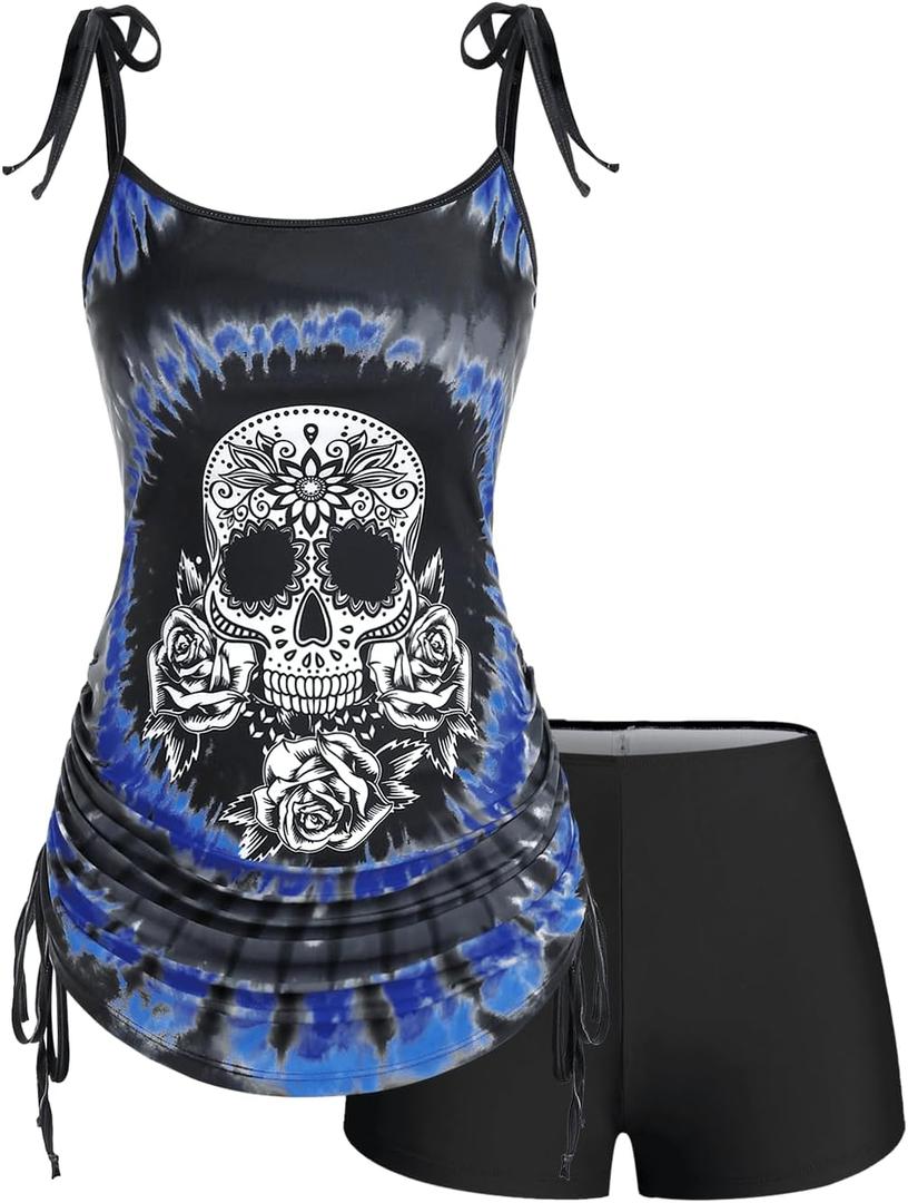 Rosegal Womens Plus Size Skull Rose Tie Dye Print Cinched Ruched Tie Boyshorts Tankini Swimsuit Set (3XL, Blue)