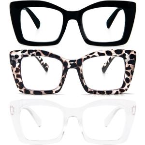 REAVEE Oversized Square Reading Glasses for Women, Blue Light Blocking Large Frame Computer Readers Spring Hinge (Black/Transparent Tortoise/Clear)