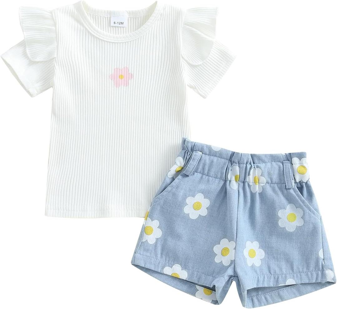 Toddler Baby Girl 2Pcs Knit Ribbed Ruffle Short Sleeve Floral Print Tops + Shorts Set Outfits (White)