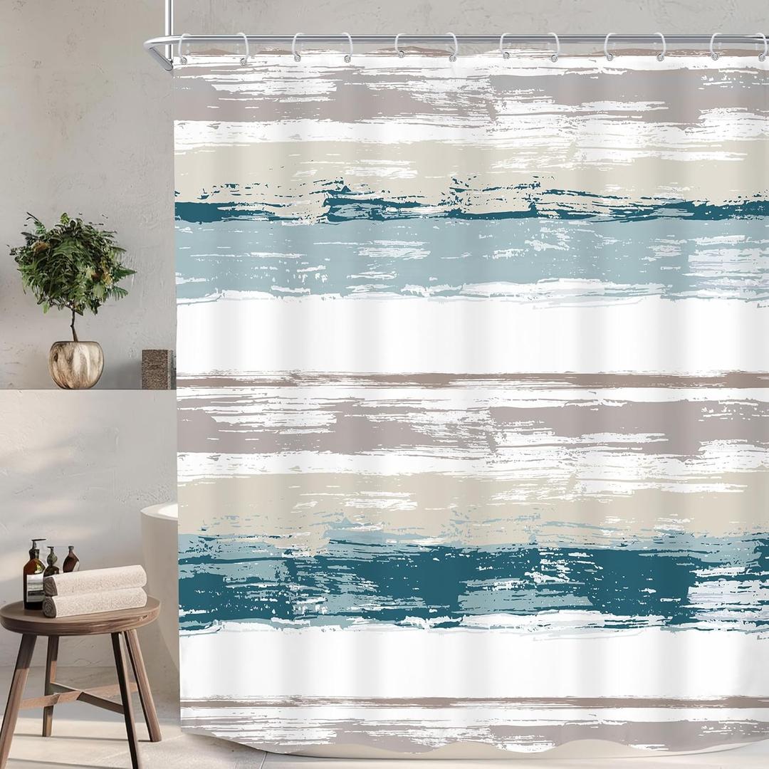 KOMLLEX Abstract Blue Shower Curtain for Bathroom Decor 60Wx72H Modern Brown Grey Striped Aesthetic Minimalist Geometric Simple Neutral Watercolor Painting Fabric Waterproof Polyester 12 Pack Hook (A5-brown Gray)