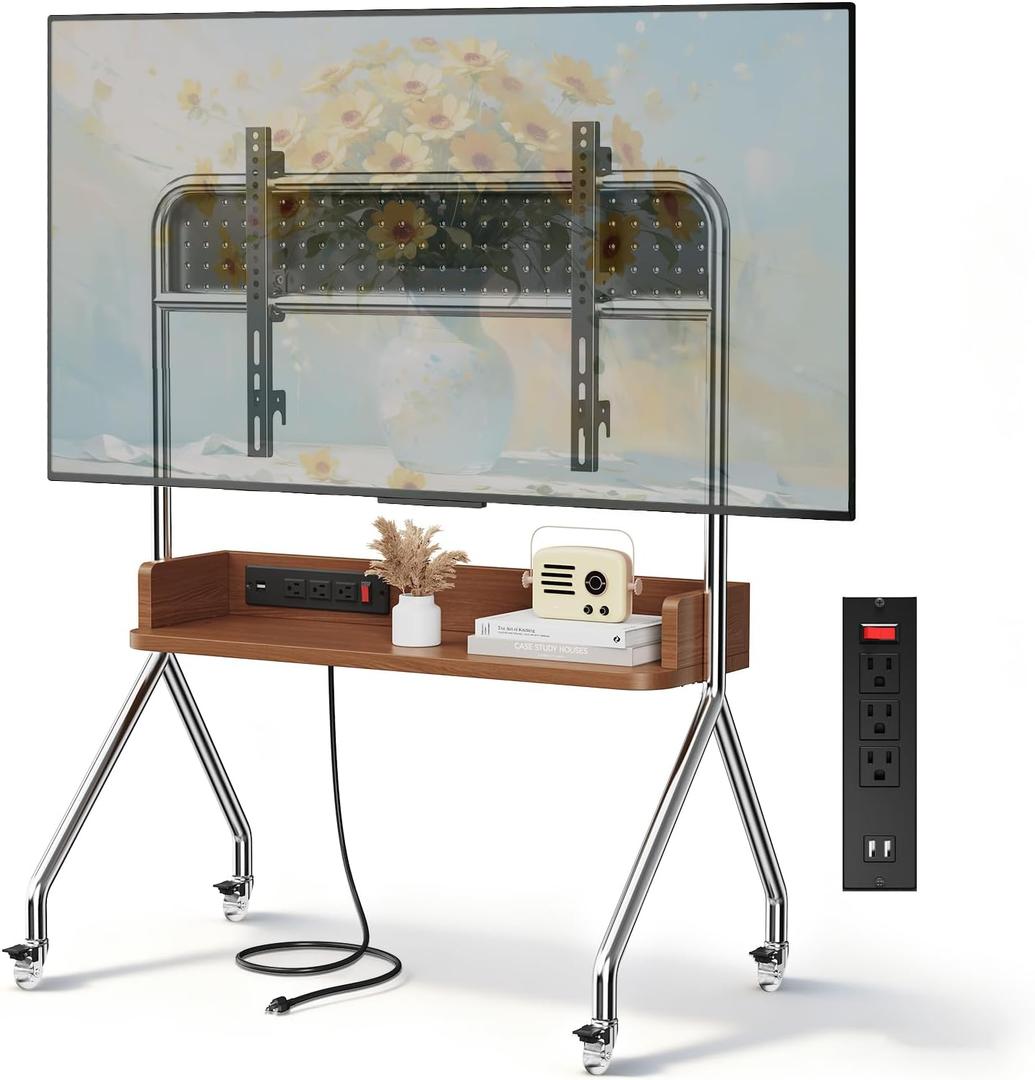 Rolling TV Stand with Power Outlet & Wooden Shelf, Stainless Steel Mobile TV Carts for 32-75 Inch TVs up to 110 lbs,Height Adjustable Portable TV Stand with wheels and Pegboard Storage for Home Office