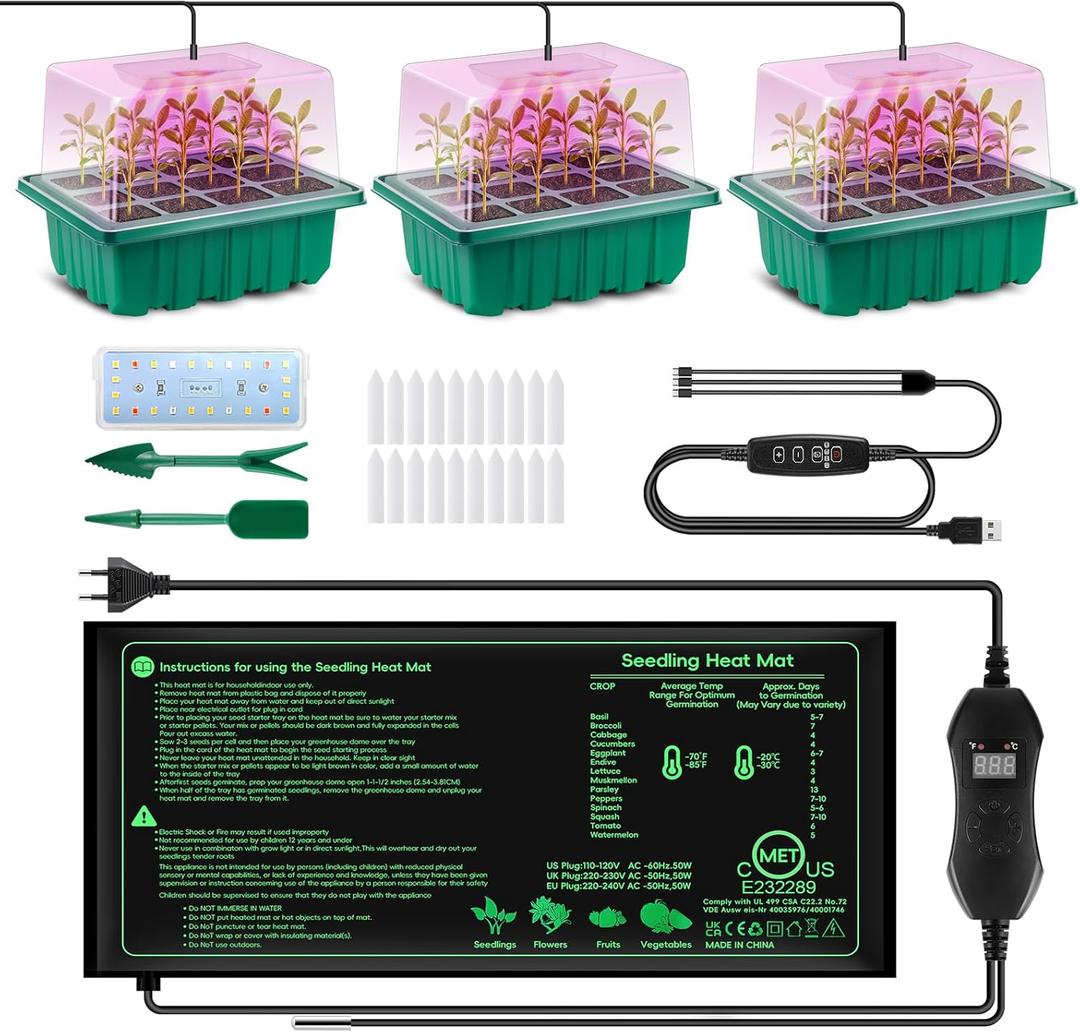 Verdenu 3PK Seed Starter Tray with Grow Lights and Tempe-Control Heat Mat, 36-Cell Large Seedling Starter Kit with Humidity Dome, Adjustable LED Lighting for Seed Germination,Temperature Adjustable
