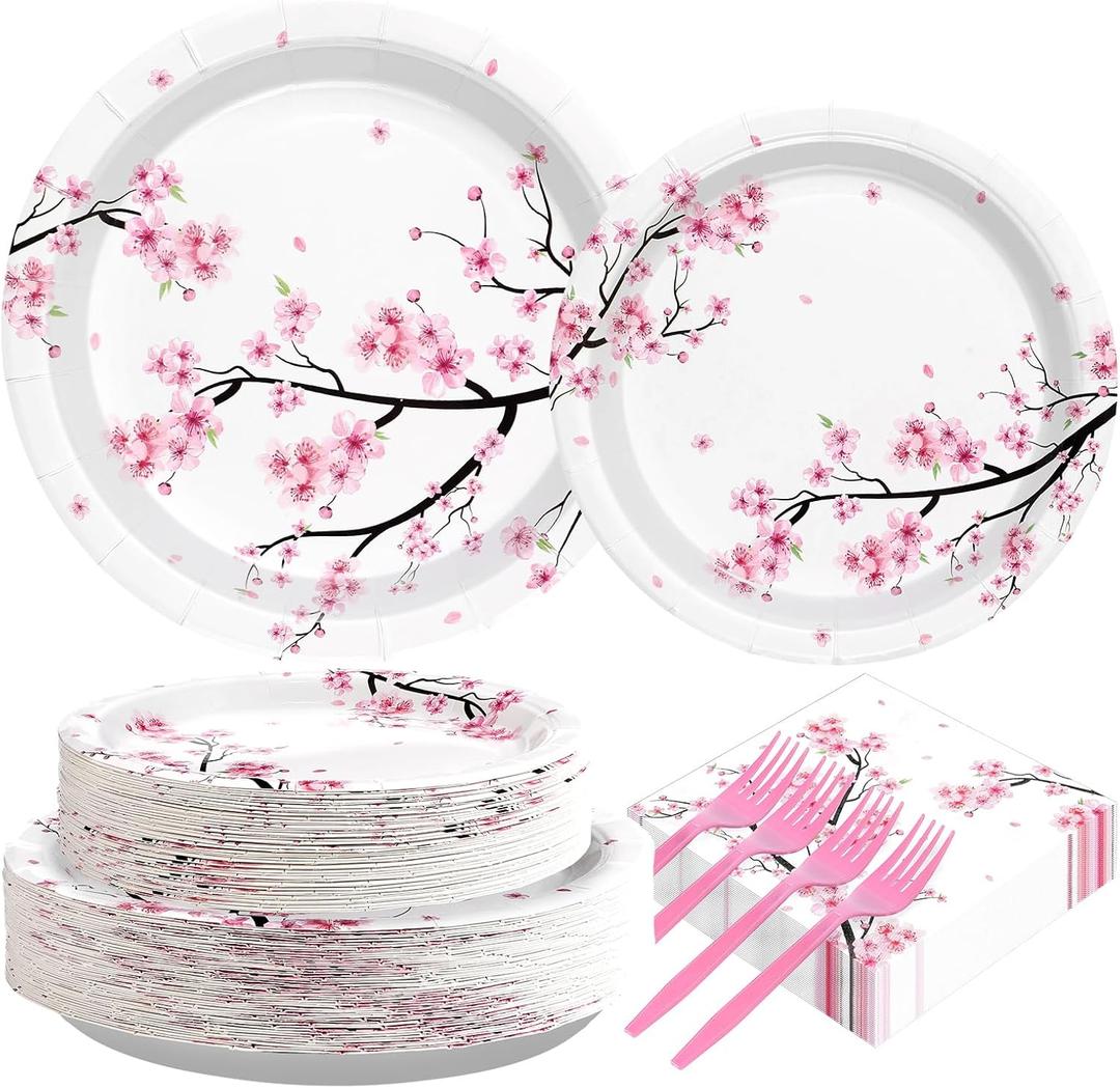 200 PCS Cherry Blossom Party Supplies Watercolor Pink Floral Plates and Napkins Tableware Sets Summer Cherry Blossom Hibachi Birthday Decorations for Wedding Baby Bridal Shower Tea Party Serves 50