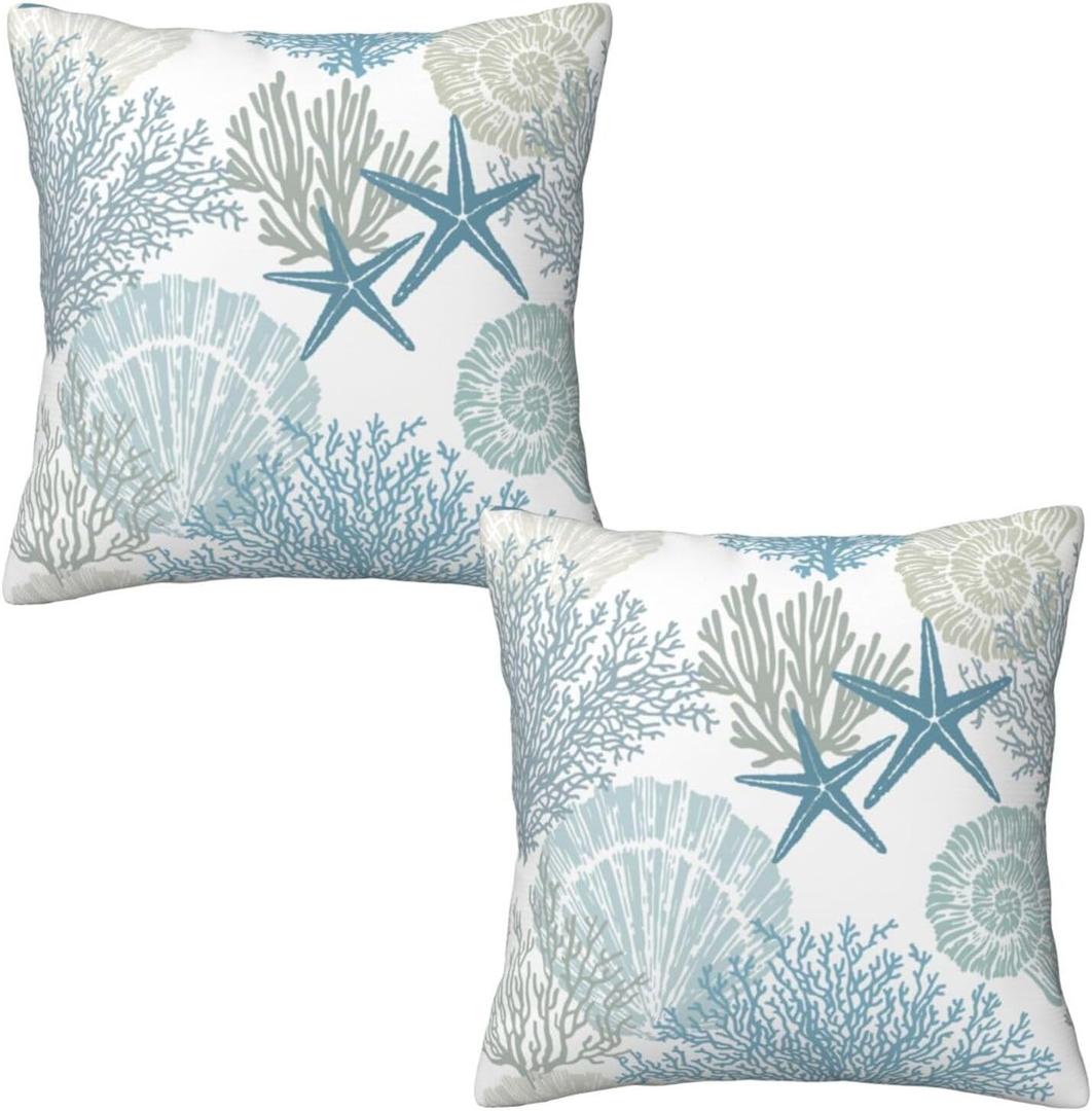 Nautical Coastal Beach Pillow Covers 16x16 Set of 2, Ocean Themed Seashell Coral Starfish Throw Pillow Covers Outdoor Decorative Pillow Case for Couch Bed Sofa Cushion Home Decor