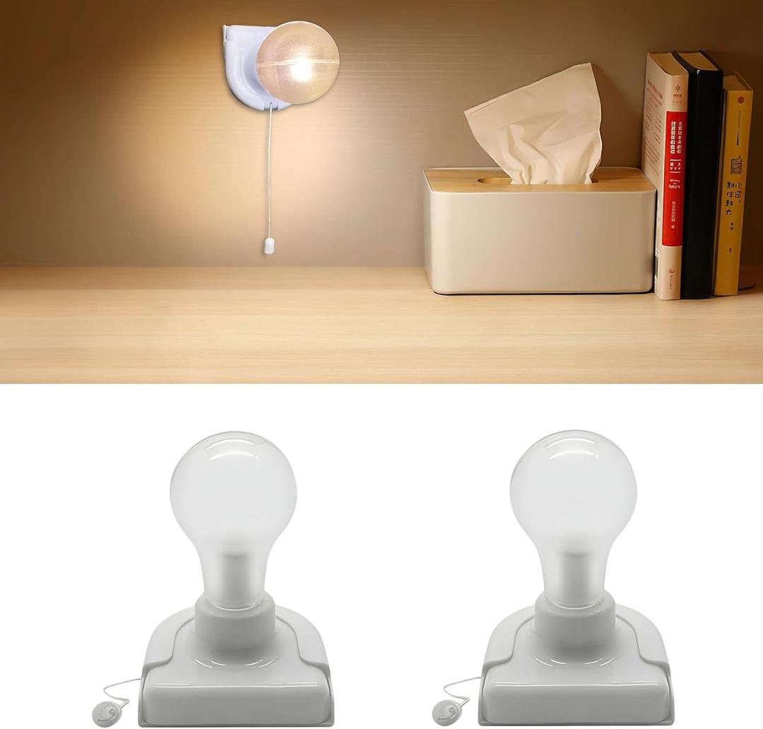 Stick-Up Light Bulb for Closet, 2Pack Battery Operated LED Light Bulb with Pull Chain, Wireless Self Adhesive Wall Mounted Fixtures for Cabinet Bedroom Hallway, Clear Cover, Warm White