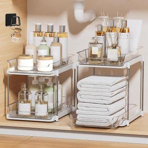 Under Sink Organizer  With Multipurpose Holder, 2 Sets of 2 Tiers Multi Purpose Under Sink Organizers And Storage With Dividers Stackable For Kitchen And Bathroom