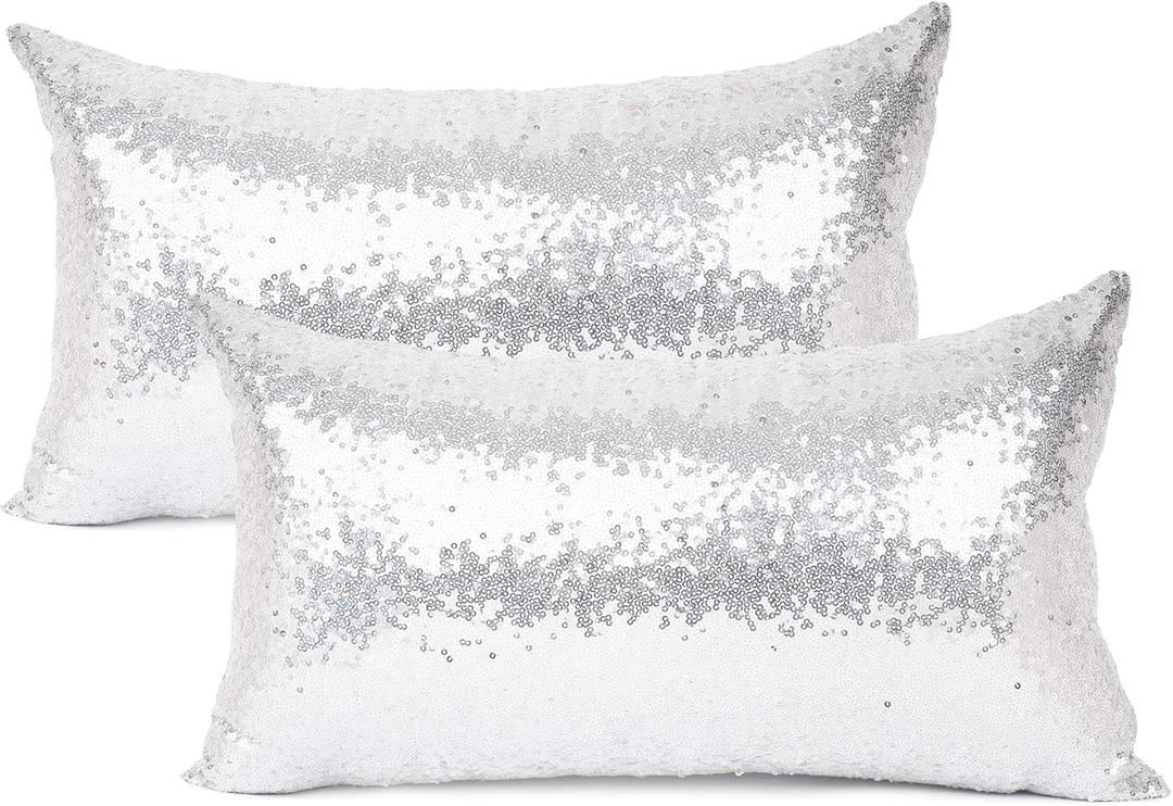 Pack of 2,YOUR SMILE New Luxury Series Silver Decorative Glitzy Sequin & Comfy Satin Solid Throw Pillow Cover Cushion Case for Wedding/Christmas, 12" x 20"