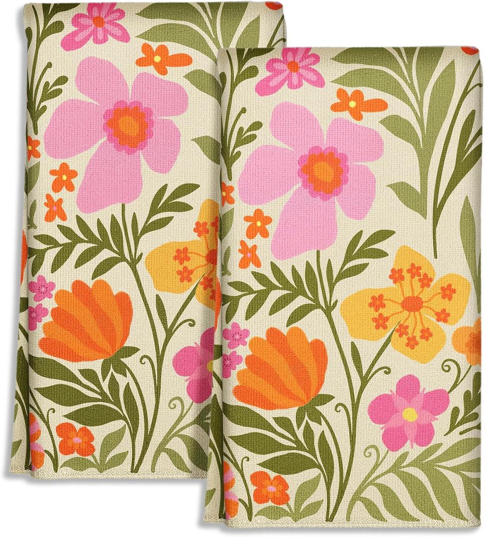 2 x Miss Adola Cute Kitchen Towels Set of 2 - Dish Towels 18 x 26 Inch Microfiber Tea Towel for Home Decorative Flower Plant Spring Soft Reusable & Absorbent Aesthetic Vintage Design